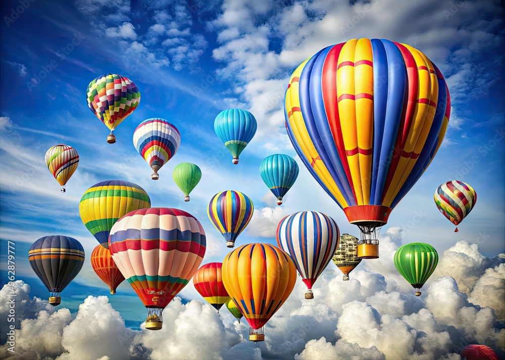 Fototapeta premium whimsical hot air balloons in vibrant colors forming an up arrow trajectory against a bright blue sky with puffy white clouds