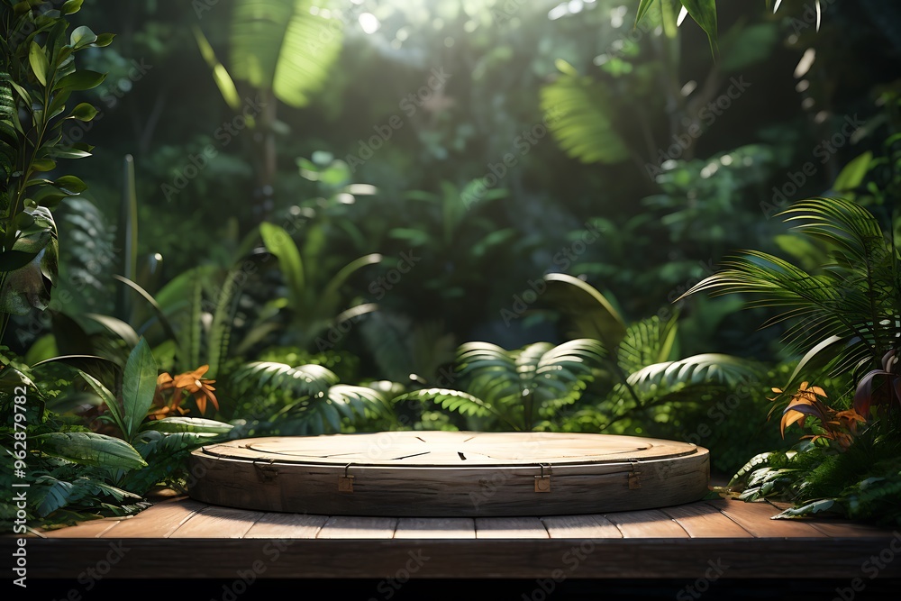 Fototapeta premium Empty wooden podium in front of tropical garden background. For product display