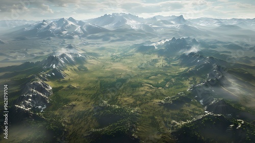 Aerial View of Snow-Capped Mountains and Green Valley