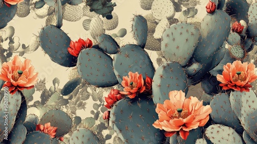 A high-resolution digital rendering of a Mexican fabric pattern with repeating motifs of cacti and desert landscapes in earthy tones, ideal for unique and culturally inspired textiles. photo