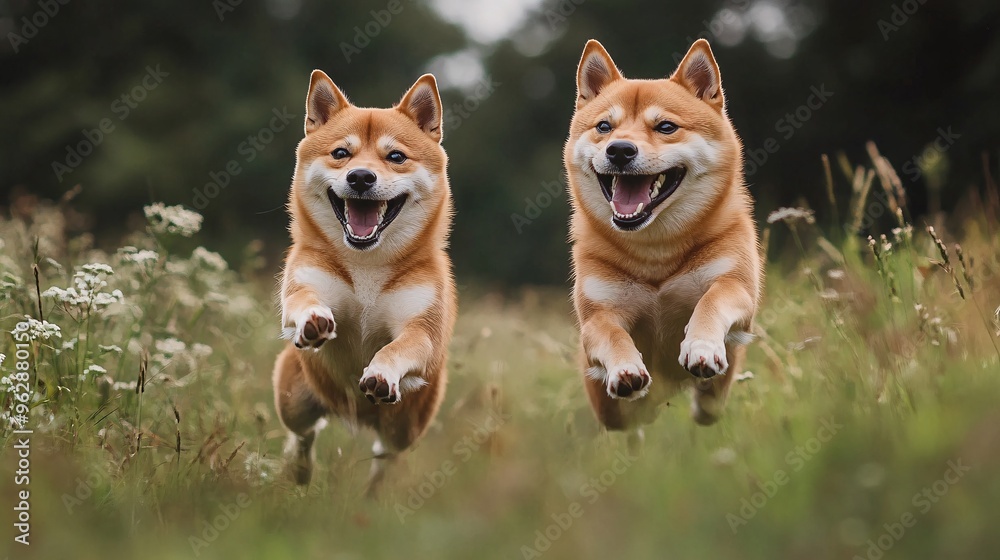 Dynamic Joy - Playful Shiba Inu Dogs Leaping Energetically in Grassy Field with Copy Space Dynamic Joy - Playful Shiba Inu Dogs Leaping Energetically in Grassy Field with Copy Space