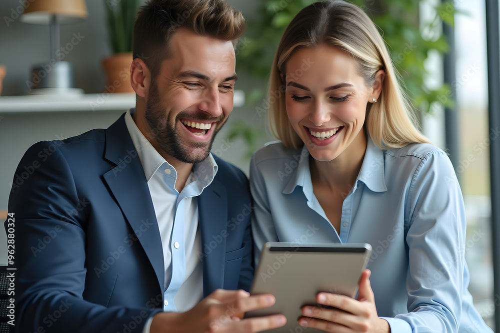 Business colleagues sharing a laugh over a tablet. Male executive and young female employee Business colleagues sharing a laugh over a tablet. Male executive and young female employee