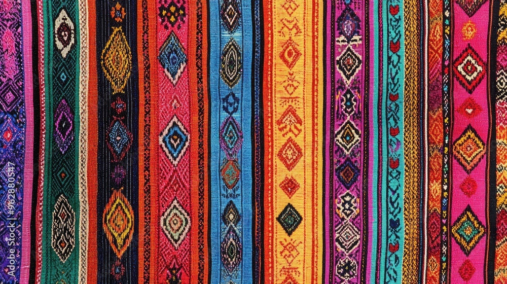 A high-resolution digital rendering of a traditional Peruvian fabric pattern with vibrant, multicolored stripes and complex motifs, perfect for festive and cultural textile designs. A high-resolution digital rendering of a traditional Peruvian fabric pattern with vibrant, multicolored stripes and complex motifs, perfect for festive and cultural textile designs.