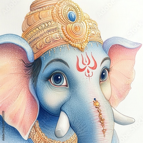 A close-up of Lord Ganesha's face with a look of wonder, his eyes wide and curious, as if discovering something new