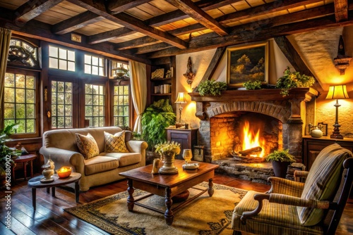 Rustic charm cozy afternoon warm golden light illuminates traditional Tudor wooden beams cozy fireplace intimate welcoming atmosphere nostalgic vintage antique furnishings