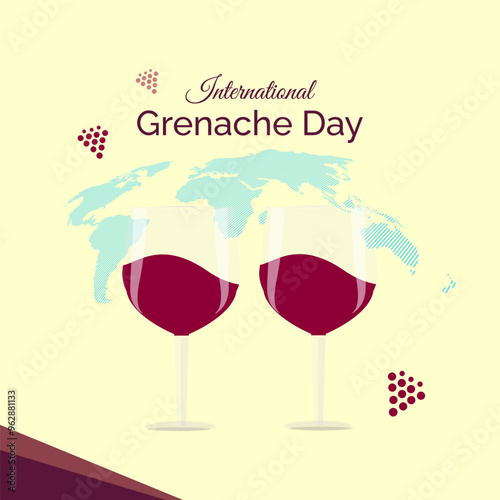 International Grenache Day, vector illustration. Celebrated on Third Friday of September. Grenache or Garnacha is one of the most widely planted red wine grape varieties in the world. Wine glasses.