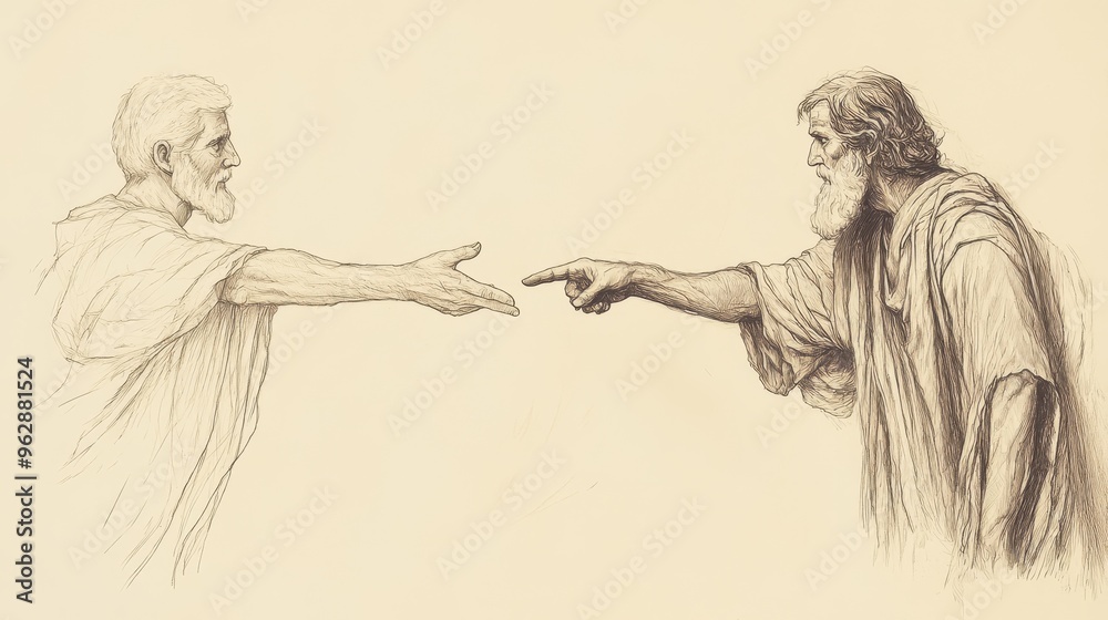 Fototapeta premium Folly's Recklessness: A Fool Eager for Empty Promises Next to a Wise, Deliberate Figure