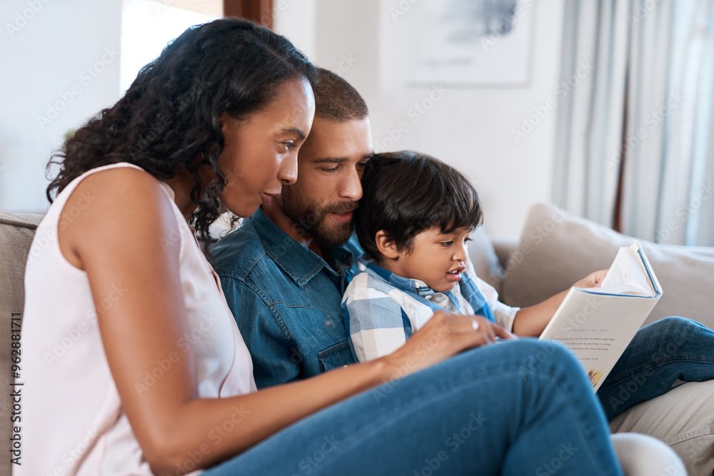 Kid, parents and reading book with family in home for learning, education or knowledge. Child, father and mother storytelling for fantasy fairytale, magic or interracial people relax together on sofa Kid, parents and reading book with family in home for learning, education or knowledge. Child, father and mother storytelling for fantasy fairytale, magic or interracial people relax together on sofa