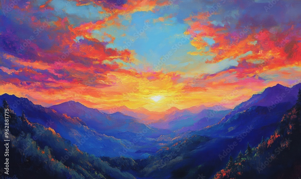 Obraz premium Oil painting depicting a sunset over mountains showcasing vibrant colors and tranquil scenery