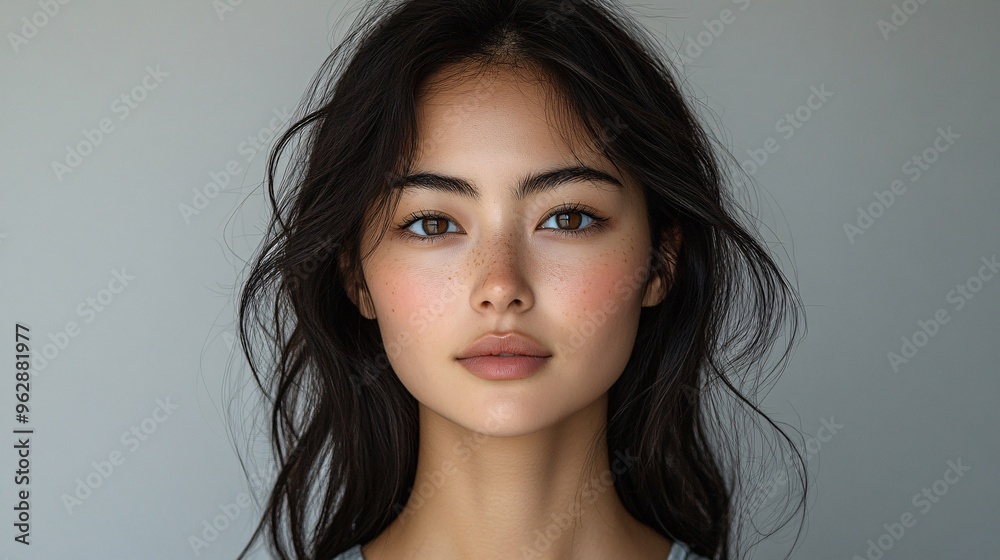 Asian woman with long black hair, facing the camera head-on, is featured in the foreground, with her upper body visible. The background is a light gray, and the soft lighting style highlights Asian woman with long black hair, facing the camera head-on, is featured in the foreground, with her upper body visible. The background is a light gray, and the soft lighting style highlights