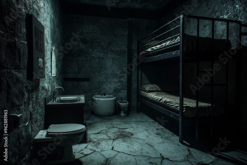 A dimly lit prison cell featuring a bunk bed, toilet, and sink, conveying a sense of confinement and isolation. photo