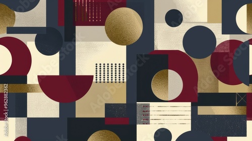 Abstract Bauhaus style seamless pattern with geometric shapes featuring rectangles and circles in burgundy, gold and grey