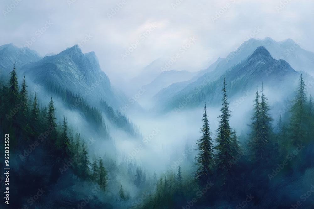 Oil painting depicting a foggy mountain landscape with trees and mist enveloping the peaks Oil painting depicting a foggy mountain landscape with trees and mist enveloping the peaks