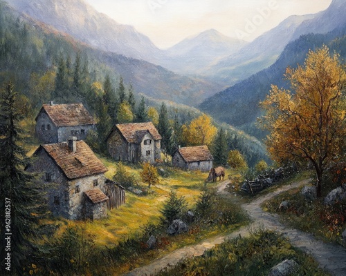 Obraz na płótnie Oil painting depicting a quaint historic village set in mountainous terrain w salonie