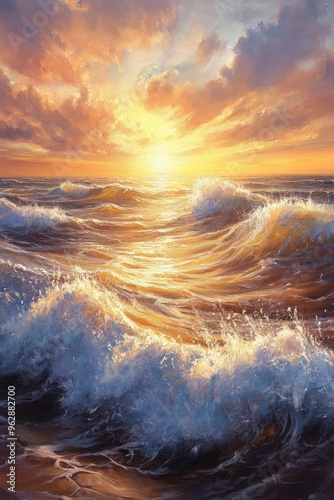 Oil painting depicting a serene sunset showcasing a harmonious blend of golden light and gentle ocean waves