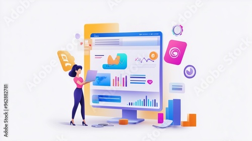 Marketing material, business presentation, online advertising. Support online. Consulting, key account manager, business plan, 3D design concept. Illustration for website banner.
