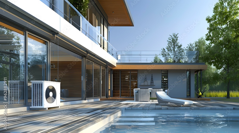 Fototapeta premium Modern Home with Pool and Patio Luxury Outdoor Living