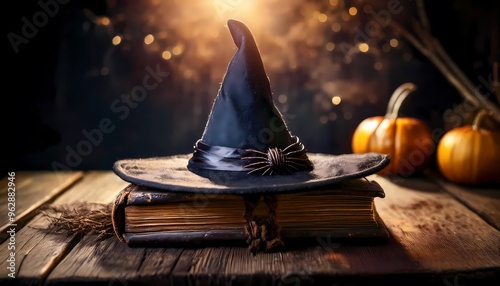 A witch's hat resting on an old spellbook atop a dusty wooden table photo