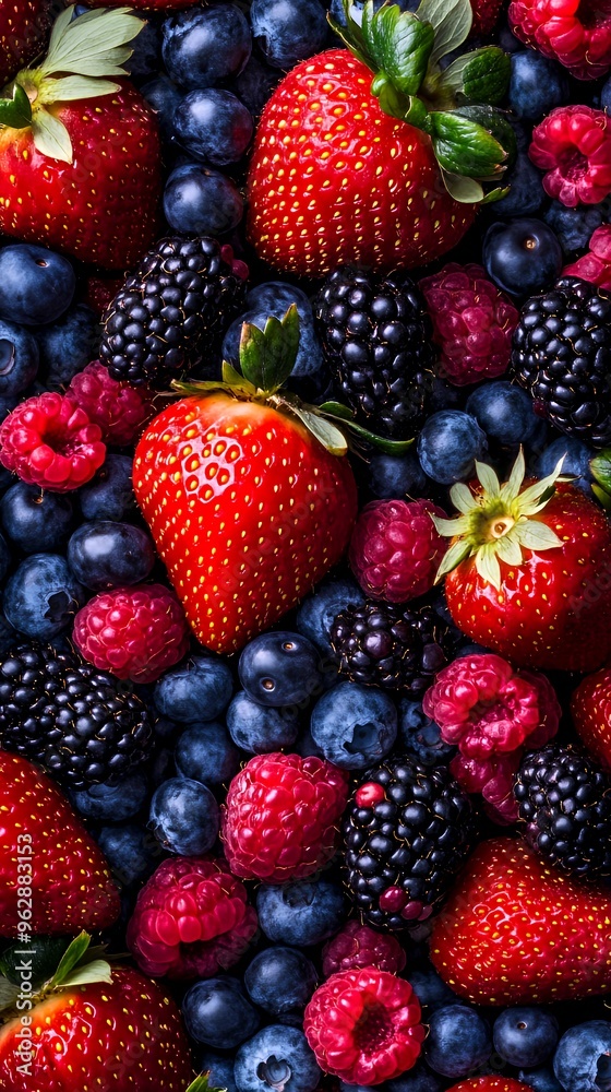A close-up shot of fresh strawberries, blueberries, raspberries, and blackberries. A close-up shot of fresh strawberries, blueberries, raspberries, and blackberries.