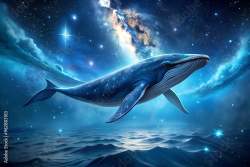 A majestic blue whale gliding through a starry night sky, merging oceanic wonder with a cosmic dreamscape in a surreal, imaginative scene. photo