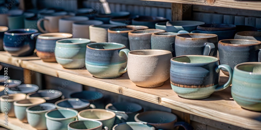 Beautiful handmade ceramic mugs in various colors and sizes neatly arranged on wooden shelves. A display of craftsmanship and unique pottery. Beautiful handmade ceramic mugs in various colors and sizes neatly arranged on wooden shelves. A display of craftsmanship and unique pottery.