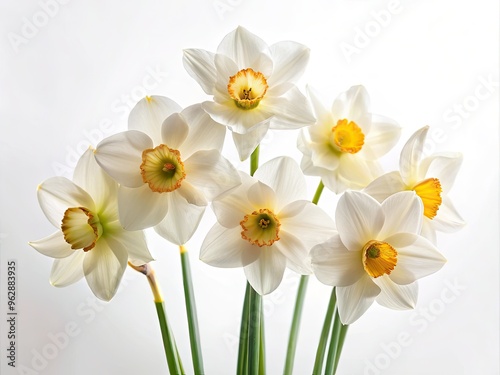 minimalist composition of isolated white daffodils against pure white background with soft delicate shapes and subtle warm tones in low-key lighting