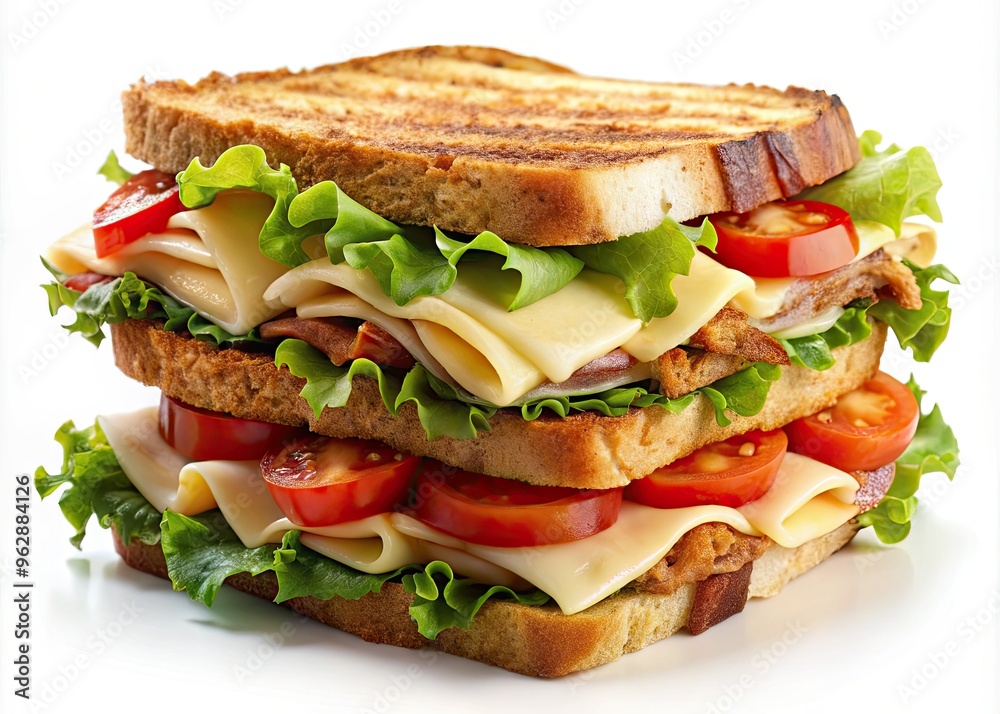 high-contrast close-up shot of a crispy turkey club sandwich with melted Swiss cheese and crunchy croutons isolated on a white background high-contrast close-up shot of a crispy turkey club sandwich with melted Swiss cheese and crunchy croutons isolated on a white background