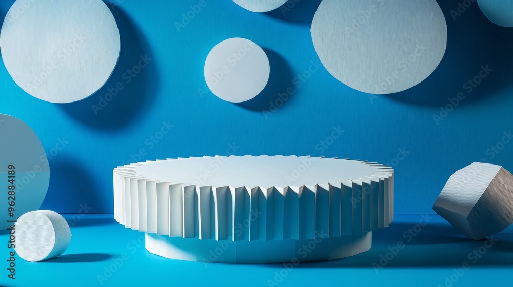 A geometric papercraft podium with sharp, folded edges, placed against a vibrant blue backdrop with cut-out circles and paper accents A geometric papercraft podium with sharp, folded edges, placed against a vibrant blue backdrop with cut-out circles and paper accents