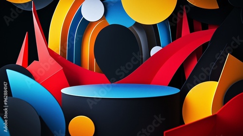 A bold, colorful 3D papercraft podium with sharp, clean folds, surrounded by abstract geometric cut-out shapes on a deep black background