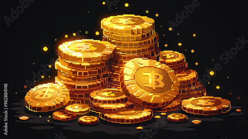 Golden Bitcoin cryptocurrency coins stacked high, shining brightly against dark background, creating sense of wealth and prosperity. photo