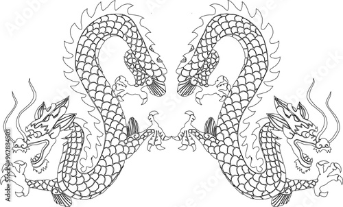 Sketch vector illustration silhouette design detail ornament decoration mythological animal flying dragon classic vintage
