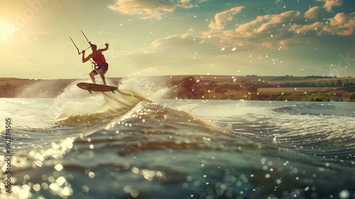 Kitesurfer Riding a Wave at Sunset