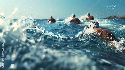 Open Water Swimming Competition Athletes Race Through Ocean Waves