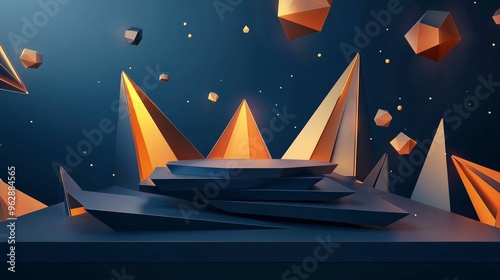 A bold, angular 3D papercraft podium with sharp, folded layers, surrounded by abstract floating shapes and glowing accents on a dark blue backdrop