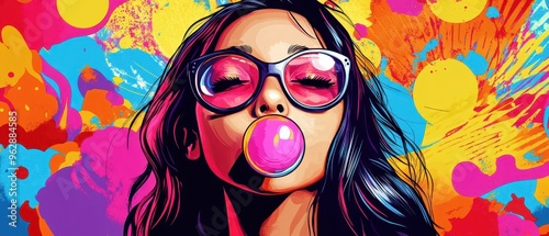 Asian girl blowing bubble gum, vibrant pop art explosion background, fun and playful photo