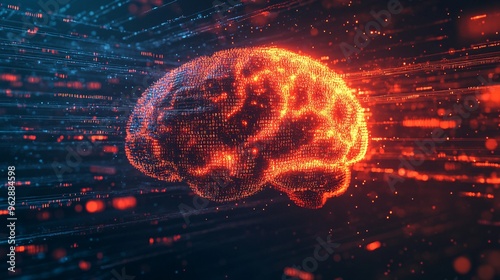 Data Flow Concept with Digital Brain Model and Binary Code Streams on Dark Background