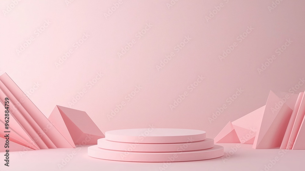 A sleek, minimalist 3D podium crafted from folded paper layers, surrounded by abstract geometric paper cut-outs on a soft pink background