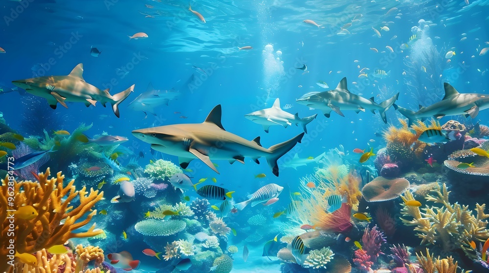 Vibrant Coral Reef with Sharks and Tropical Fish