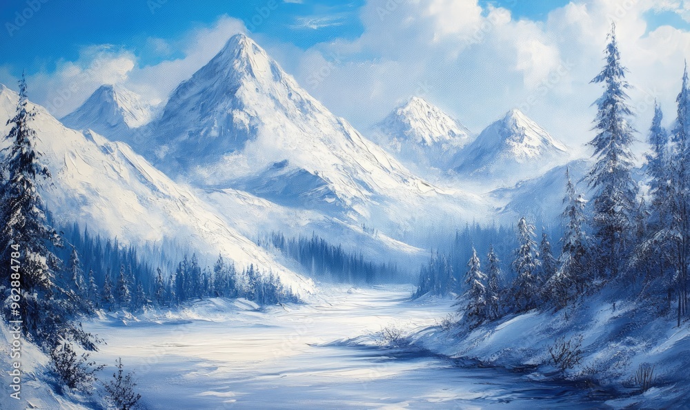 custom made wallpaper toronto digitalOil painting depicting a winter mountain landscape with serene snowy scenery and majestic peaks