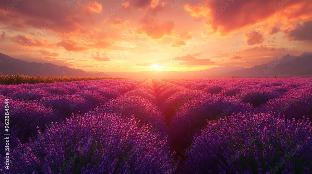 Lavender Fields at Sunset, Capture the serene beauty of lavender fields bathed in the warm hues of a setting sun
