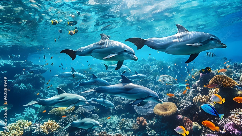 Dolphins Swimming in a Vibrant Coral Reef Dolphins Swimming in a Vibrant Coral Reef