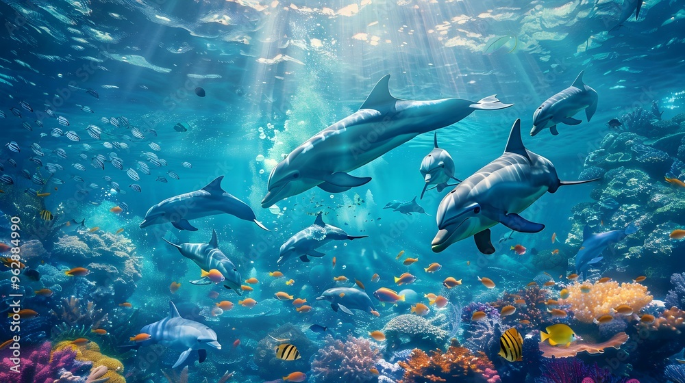 Fototapeta premium Dolphins Swimming Through a Vibrant Coral Reef