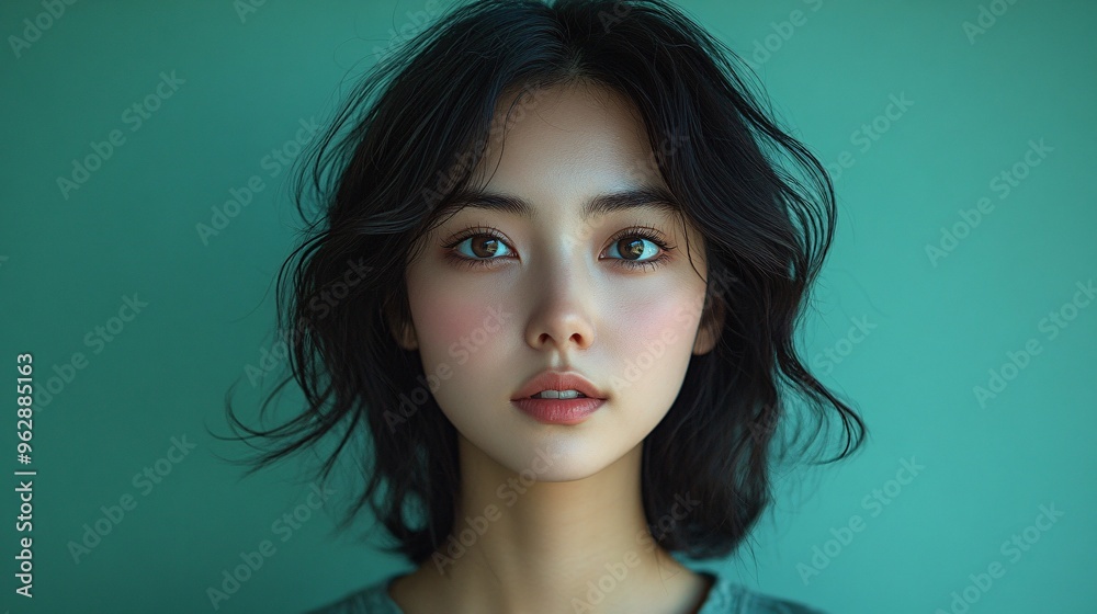 Japanese woman with short hair poses, emerald green background, viewer, delicate facial, light makeup, pale, gray shirt Japanese woman with short hair poses, emerald green background, viewer, delicate facial, light makeup, pale, gray shirt