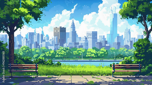 A vibrant pixel art city park scene featuring benches, lush greenery, and skyline with tall buildings under bright blue sky.