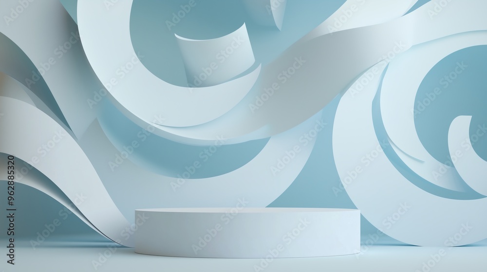 Fototapeta premium A minimalist white papercraft podium with subtle texture, placed against a pale blue backdrop with abstract paper swirls