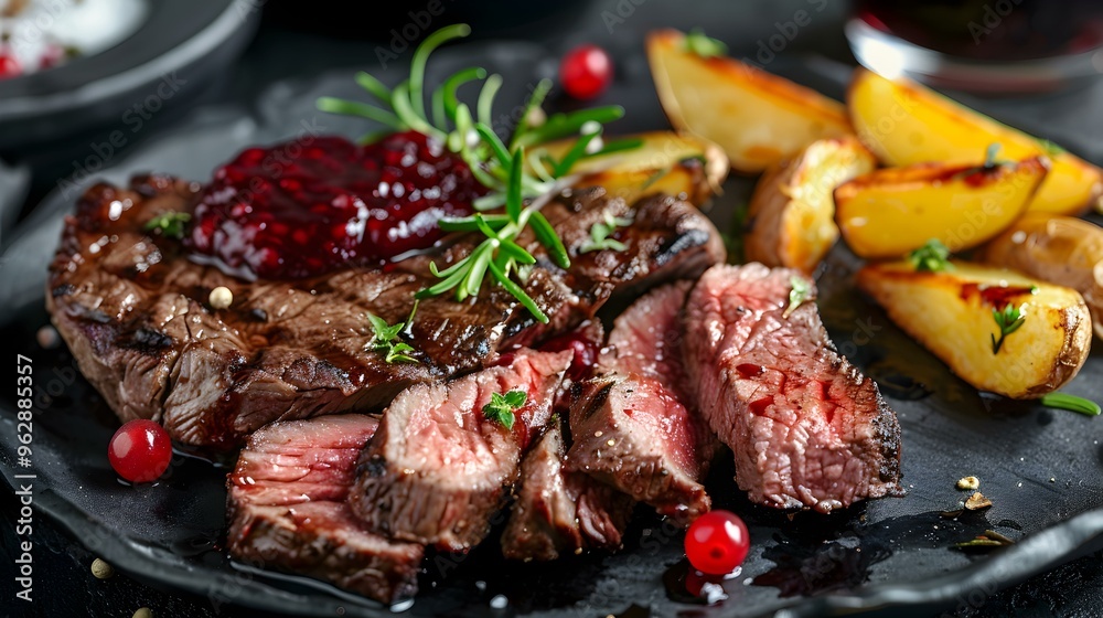 Juicy Grilled Steak with Roasted Potatoes and Cranberry Sauce Juicy Grilled Steak with Roasted Potatoes and Cranberry Sauce