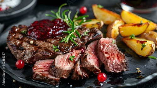 Juicy Grilled Steak with Roasted Potatoes and Cranberry Sauce