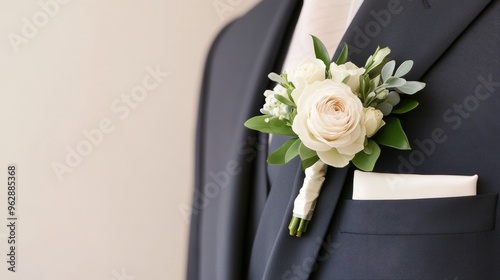 A close-up of a groom's boutonniere made with delicate white roses and green foliage, displayed against a subtle, elegant background that highlights the beauty and sophistication of the floral photo