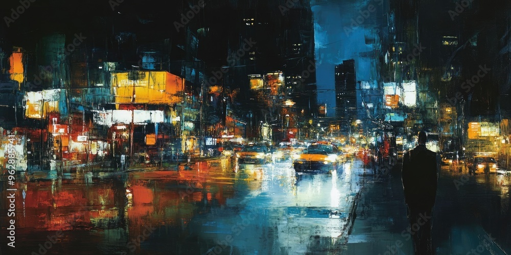 Oil painting depicting an industrial cityscape at night featuring long exposure techniques to capture dynamic visuals of urban life Oil painting depicting an industrial cityscape at night featuring long exposure techniques to capture dynamic visuals of urban life