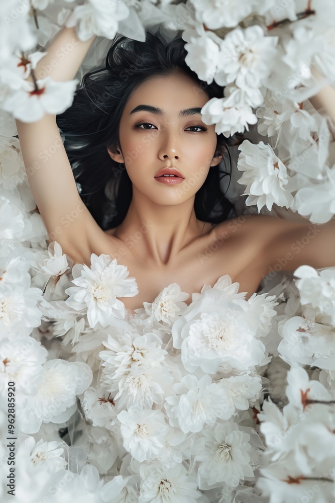 Asian woman lies down in white dress with flowers. She relaxes on field of blooming flowers. High-end fashion photo concept. Perfume and elegance theme. Beautiful Asian model in white floral dress. Asian woman lies down in white dress with flowers. She relaxes on field of blooming flowers. High-end fashion photo concept. Perfume and elegance theme. Beautiful Asian model in white floral dress.